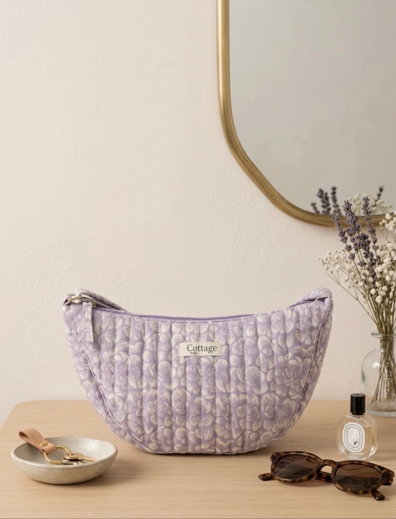 Sac Lune 100% Coton Matelassé Collection Cottage & Bag / Modèle Grandes Fleurs Lila